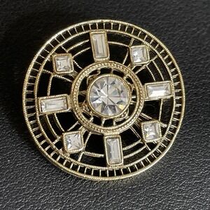 Vintage 1928 Jewelry Brooch Art Deco Revival Rhinestone Pin Gold Tone Round